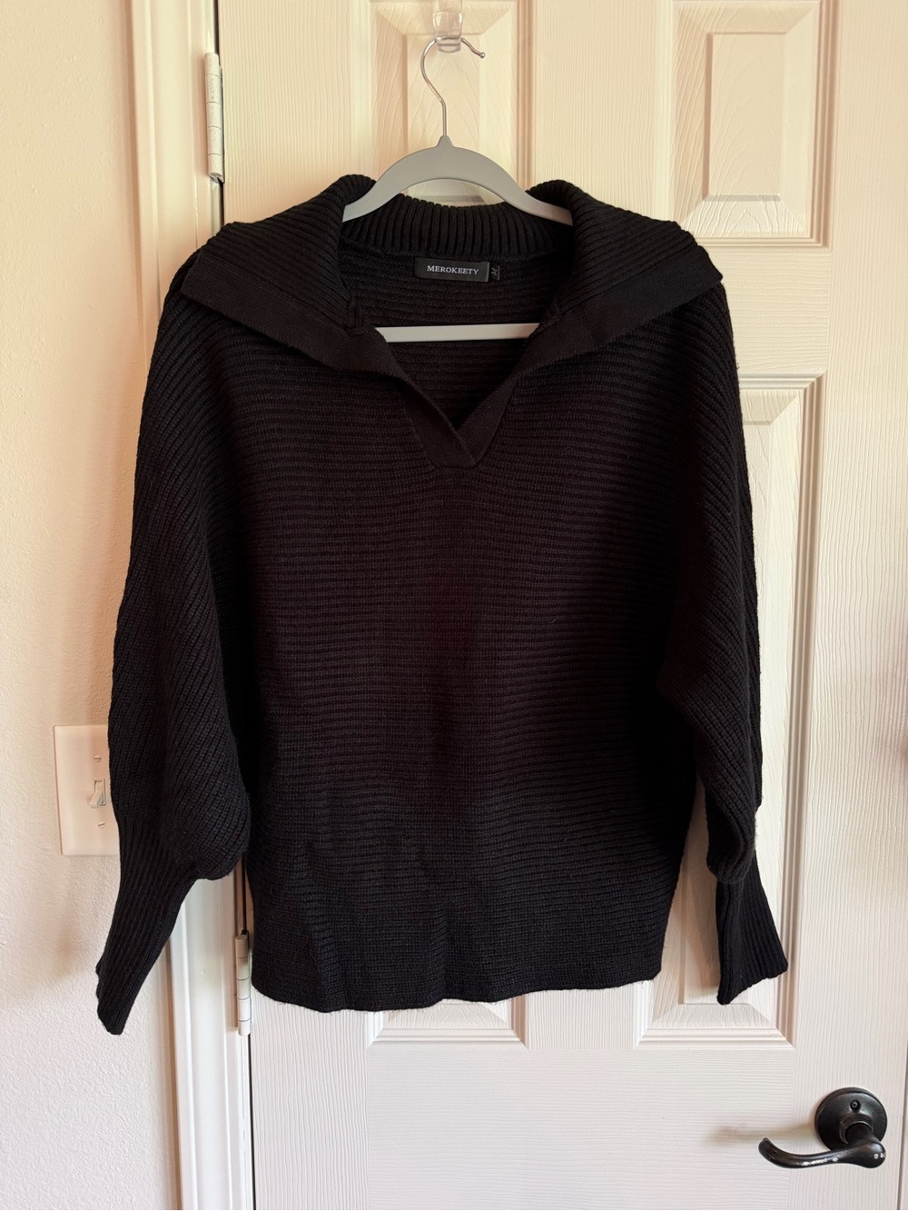 Black Ribbed Knit Sweater with V-Neck Collar